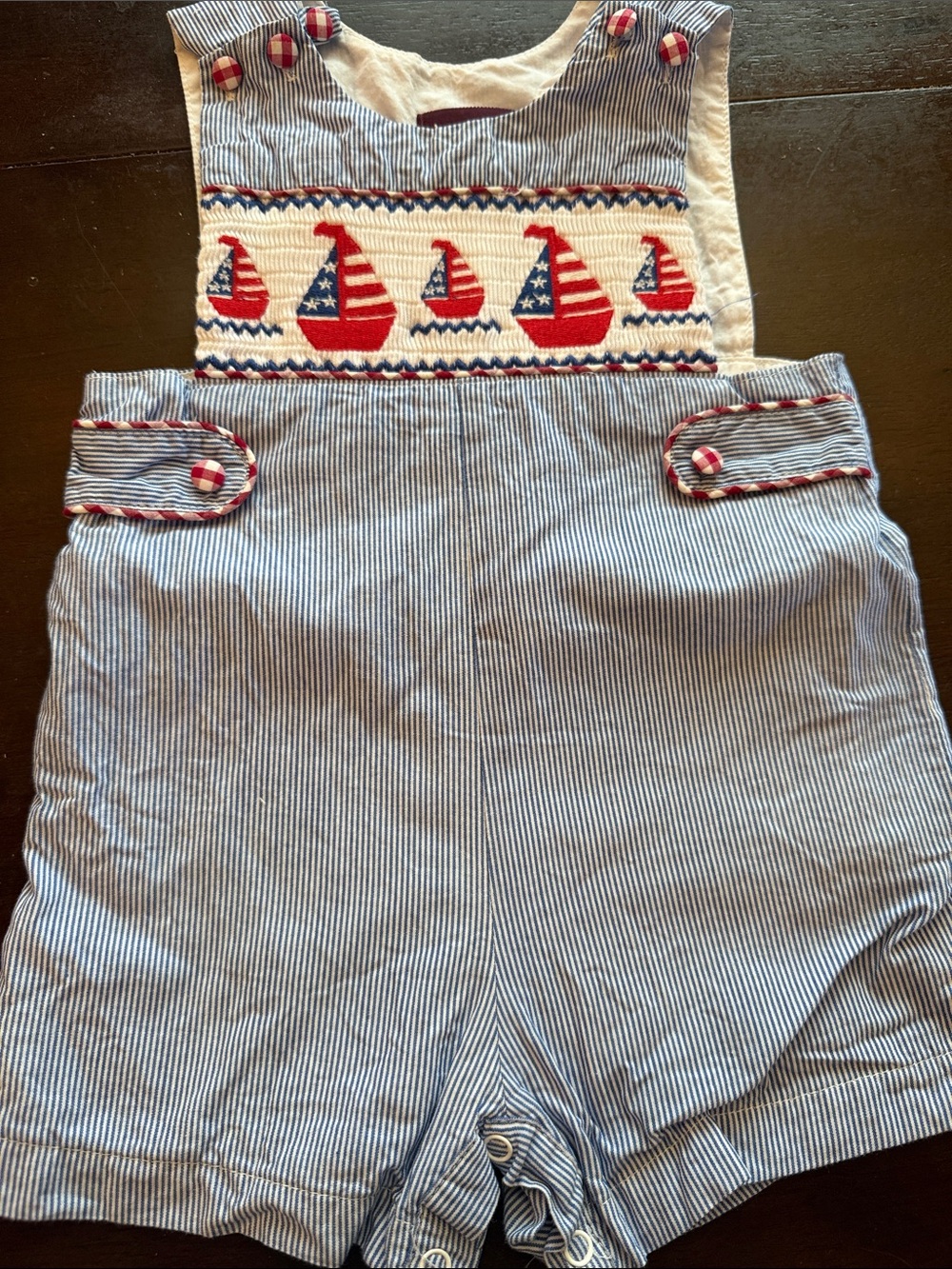 Nautical Blue Stripe Smocked Sailboat Shortall Romper - Unbranded